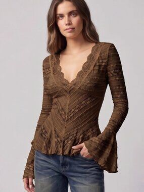 Bohemian Brown Semi-Sheer Textured Lace Flared Sleeve Fairycore Blouse